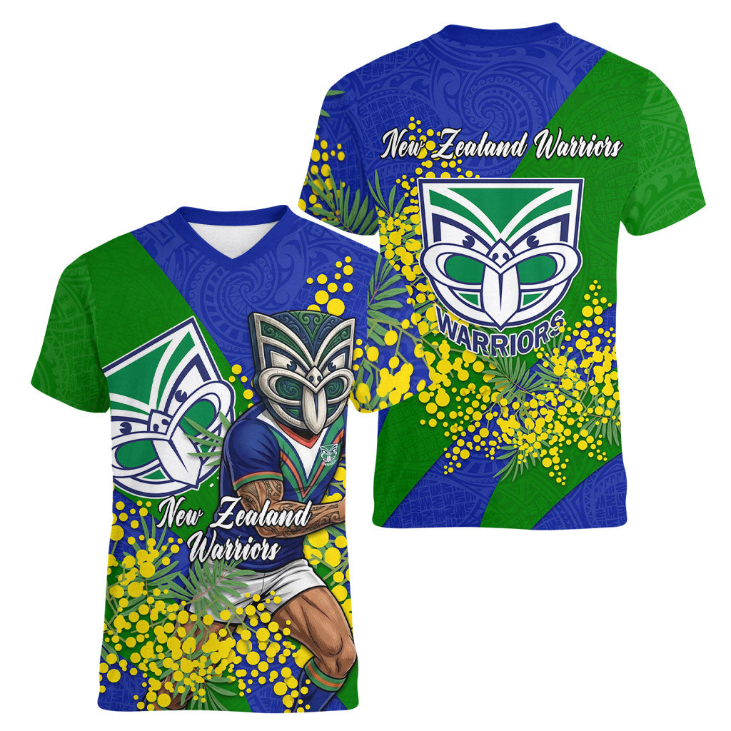 New Zealand Warriors Women V-Neck T-Shirt Golden Wattle Floral Polynesian - Australian Flower - Rugby Mascot