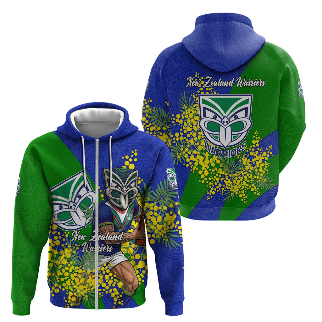 New Zealand Warriors Zip Hoodie Golden Wattle Floral Polynesian - Australian Flower - Rugby Mascot