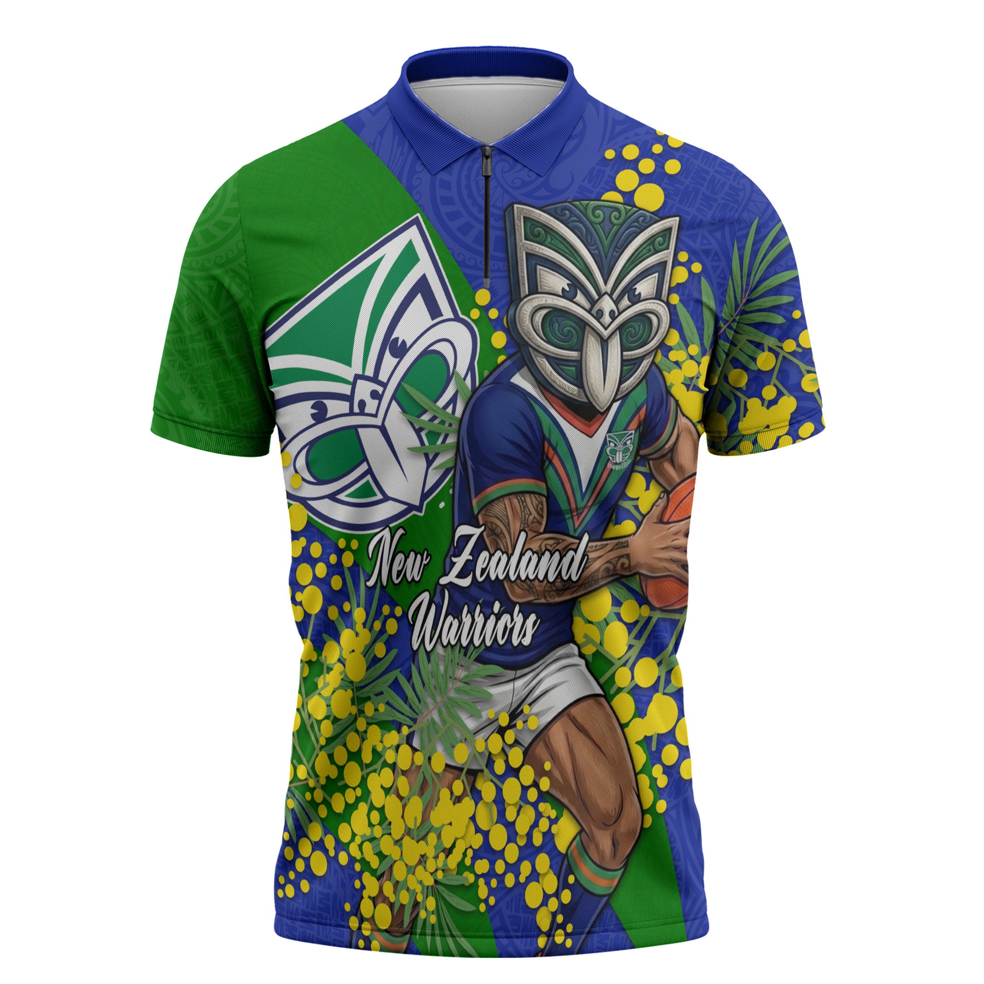 New Zealand Warriors Zipper Polo Shirt Golden Wattle Floral Polynesian - Australian Flower - Rugby Mascot