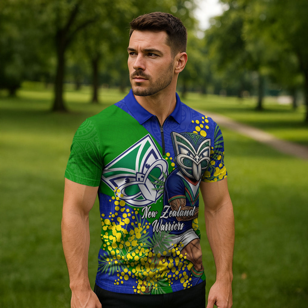 New Zealand Warriors Zipper Polo Shirt Golden Wattle Floral Polynesian - Australian Flower - Rugby Mascot