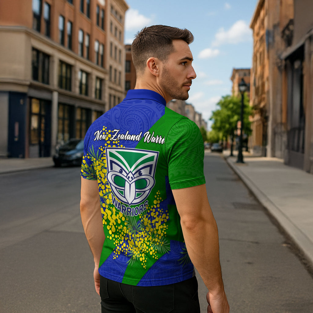New Zealand Warriors Zipper Polo Shirt Golden Wattle Floral Polynesian - Australian Flower - Rugby Mascot