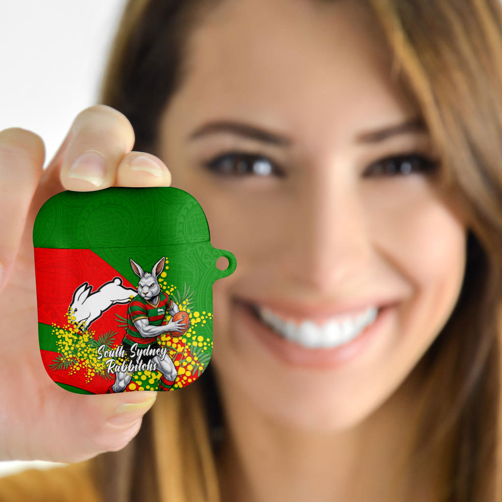 South Sydney Rabbitohs AirPods Case Golden Wattle Floral Polynesian - Australian Flower - Rugby Mascot