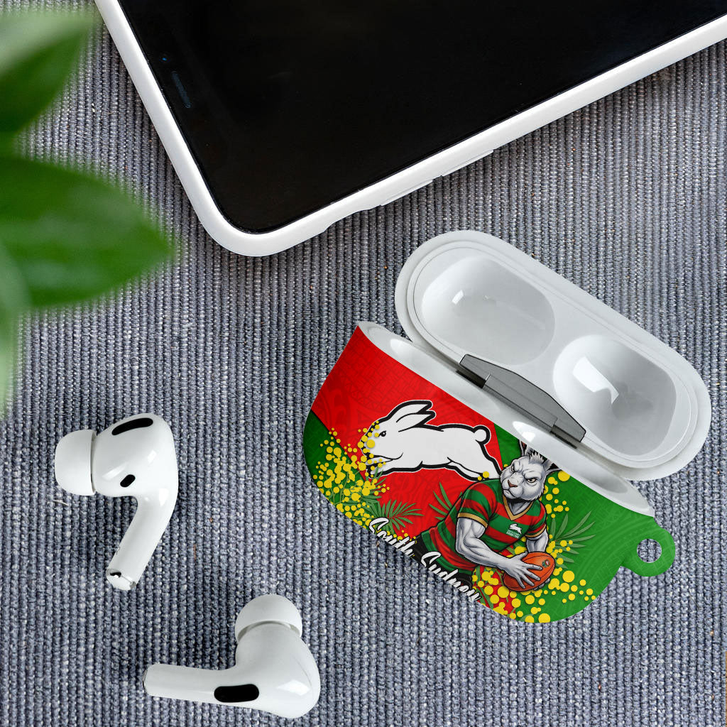 South Sydney Rabbitohs AirPods Case Golden Wattle Floral Polynesian - Australian Flower - Rugby Mascot