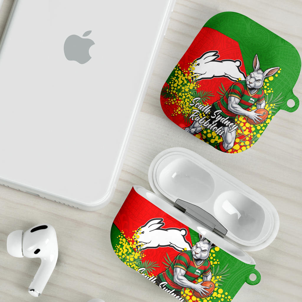 South Sydney Rabbitohs AirPods Case Golden Wattle Floral Polynesian - Australian Flower - Rugby Mascot