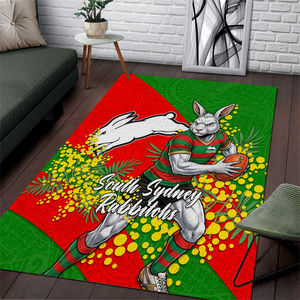 South Sydney Rabbitohs Area Rug Golden Wattle Floral Polynesian - Australian Flower - Rugby Mascot