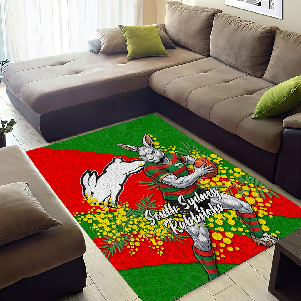 South Sydney Rabbitohs Area Rug Golden Wattle Floral Polynesian - Australian Flower - Rugby Mascot