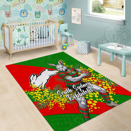 South Sydney Rabbitohs Area Rug Golden Wattle Floral Polynesian - Australian Flower - Rugby Mascot