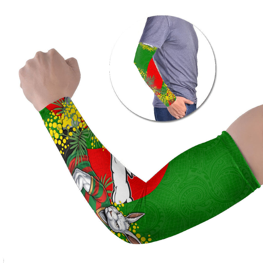 South Sydney Rabbitohs Arm Sleeves Golden Wattle Floral Polynesian - Australian Flower - Rugby Mascot