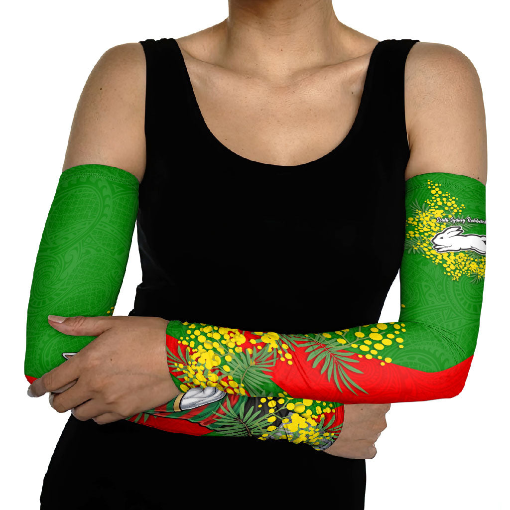 South Sydney Rabbitohs Arm Sleeves Golden Wattle Floral Polynesian - Australian Flower - Rugby Mascot