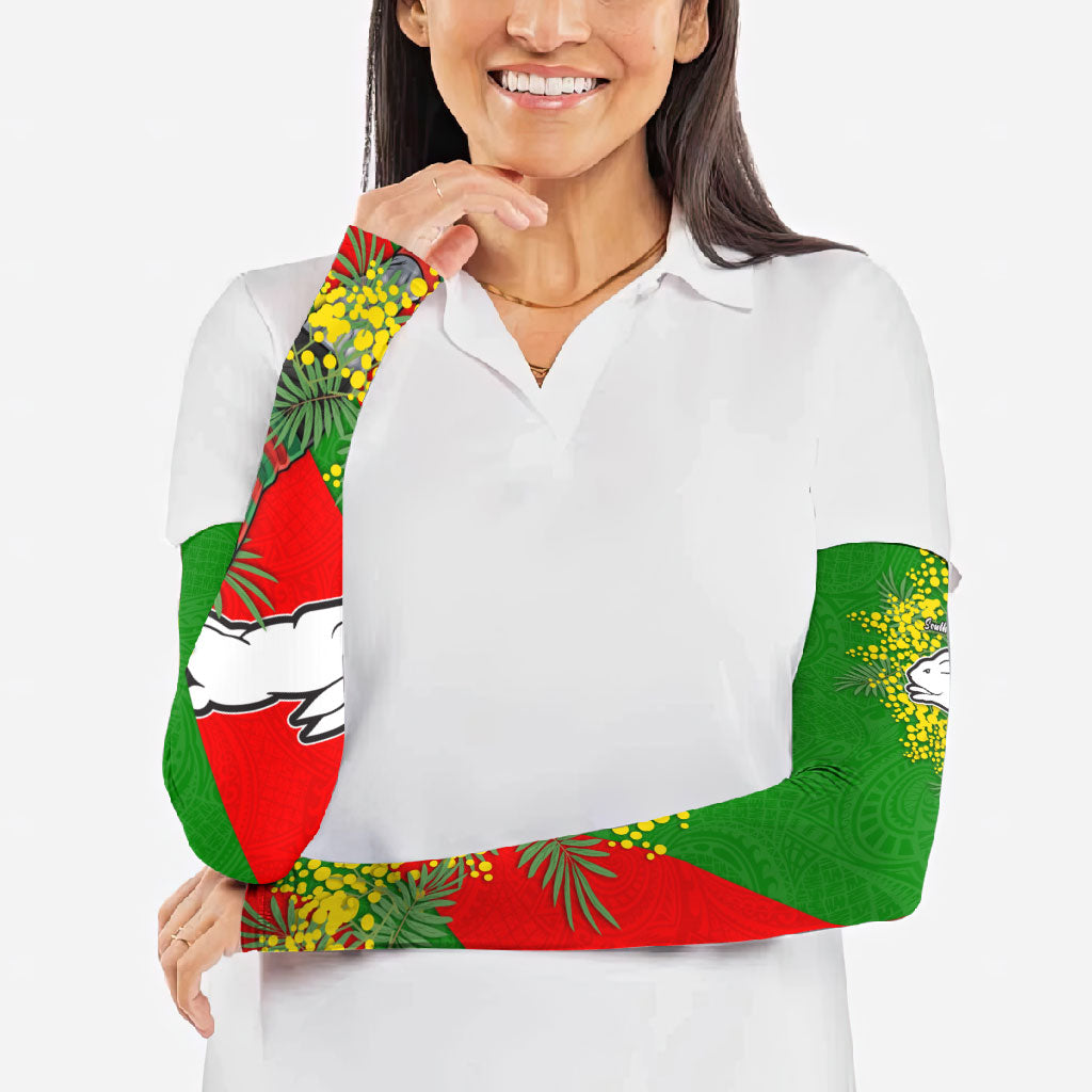 South Sydney Rabbitohs Arm Sleeves Golden Wattle Floral Polynesian - Australian Flower - Rugby Mascot