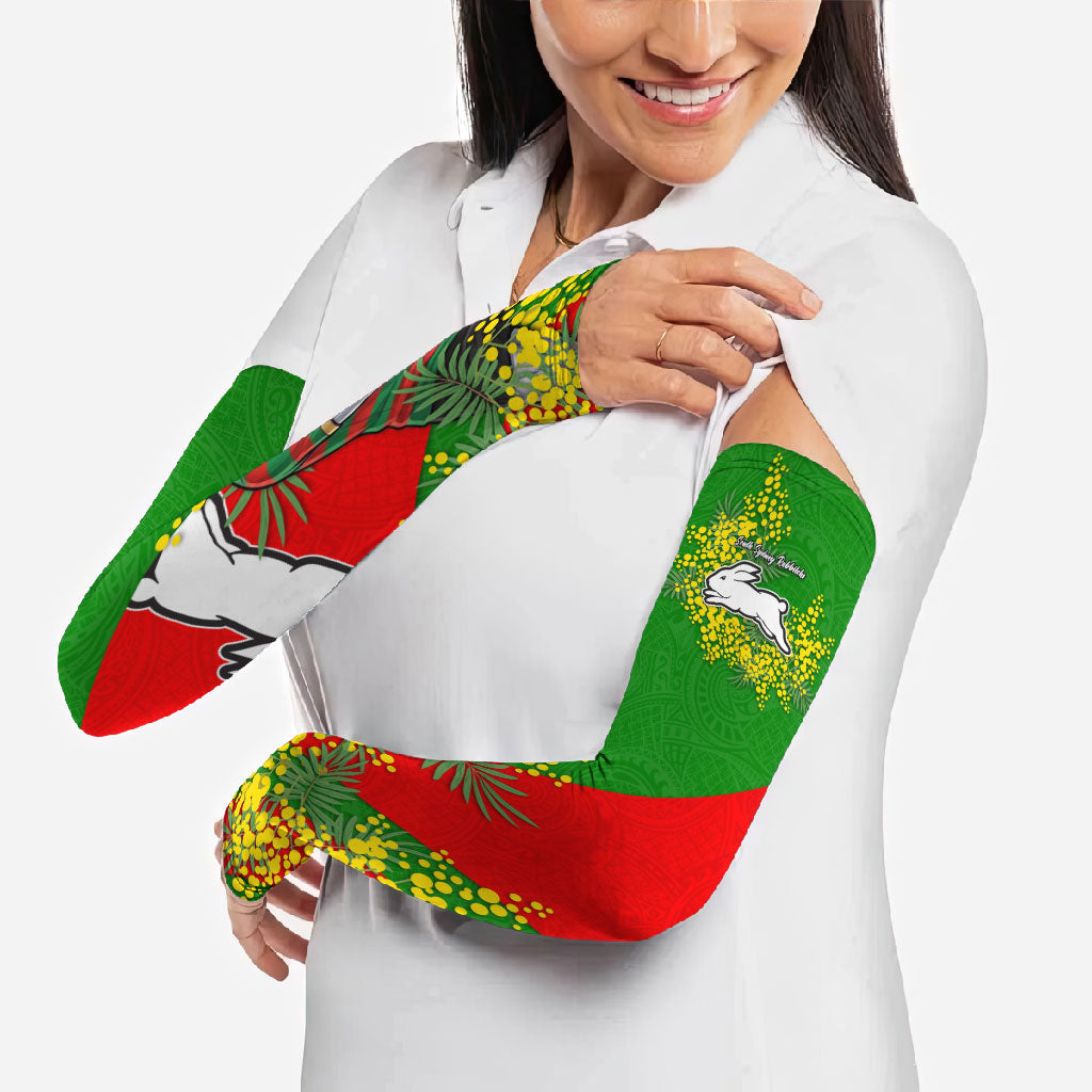 South Sydney Rabbitohs Arm Sleeves Golden Wattle Floral Polynesian - Australian Flower - Rugby Mascot