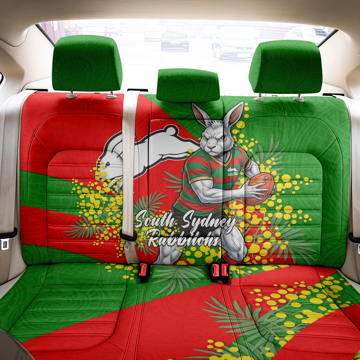 South Sydney Rabbitohs Back Car Seat Cover Golden Wattle Floral Polynesian - Australian Flower - Rugby Mascot