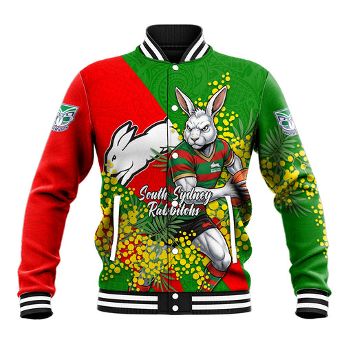 South Sydney Rabbitohs Baseball Jacket Golden Wattle Floral Polynesian - Australian Flower - Rugby Mascot