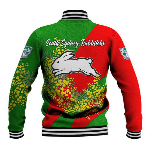 South Sydney Rabbitohs Baseball Jacket Golden Wattle Floral Polynesian - Australian Flower - Rugby Mascot