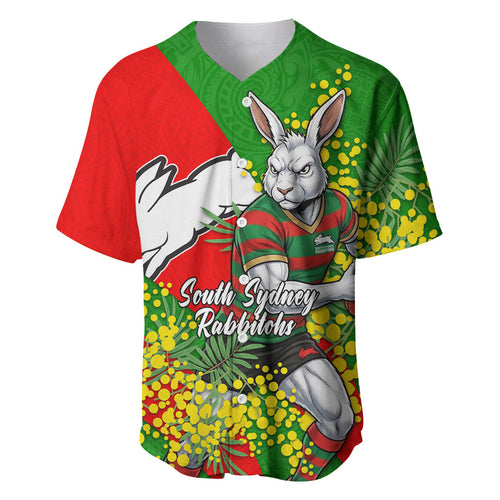 South Sydney Rabbitohs Baseball Jersey Golden Wattle Floral Polynesian - Australian Flower - Rugby Mascot