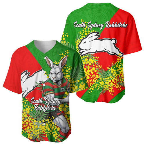 South Sydney Rabbitohs Baseball Jersey Golden Wattle Floral Polynesian - Australian Flower - Rugby Mascot