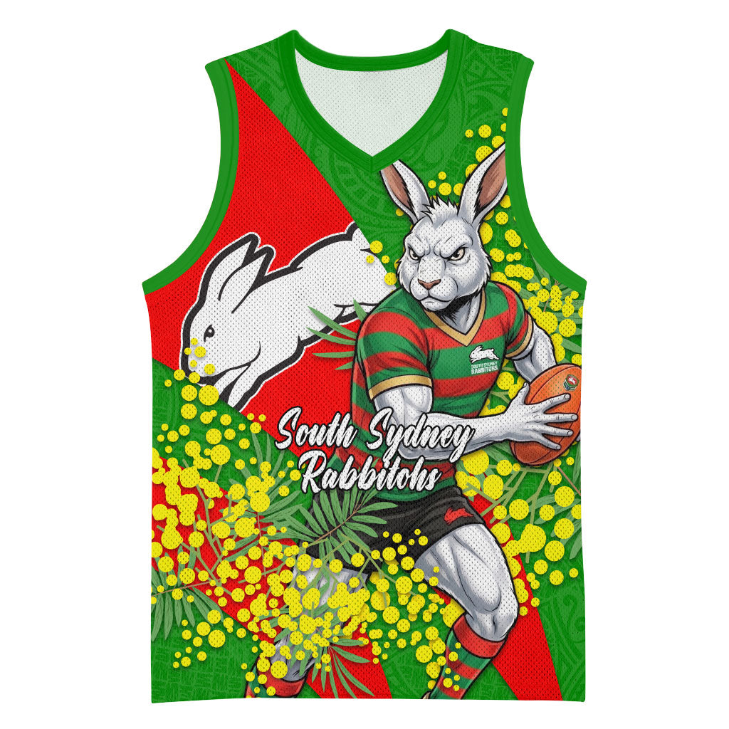 South Sydney Rabbitohs Basketball Jersey Golden Wattle Floral Polynesian - Australian Flower - Rugby Mascot