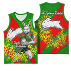 South Sydney Rabbitohs Basketball Jersey Golden Wattle Floral Polynesian - Australian Flower - Rugby Mascot