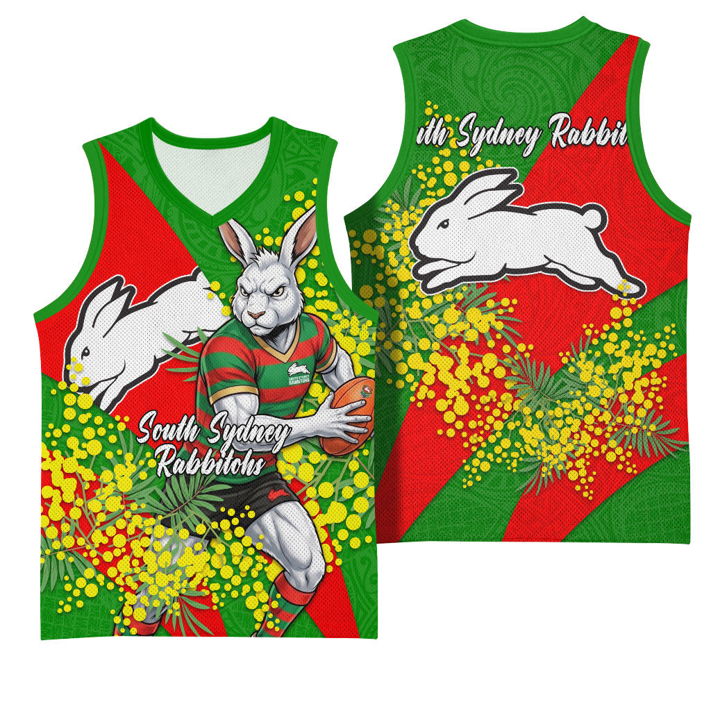 South Sydney Rabbitohs Basketball Jersey Golden Wattle Floral Polynesian - Australian Flower - Rugby Mascot