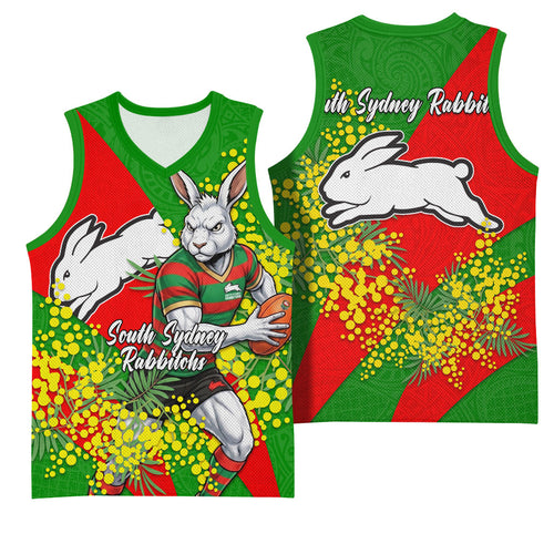 South Sydney Rabbitohs Basketball Jersey Golden Wattle Floral Polynesian - Australian Flower - Rugby Mascot