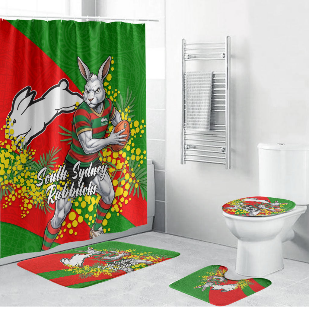 South Sydney Rabbitohs Bathroom Set Golden Wattle Floral Polynesian - Australian Flower - Rugby Mascot