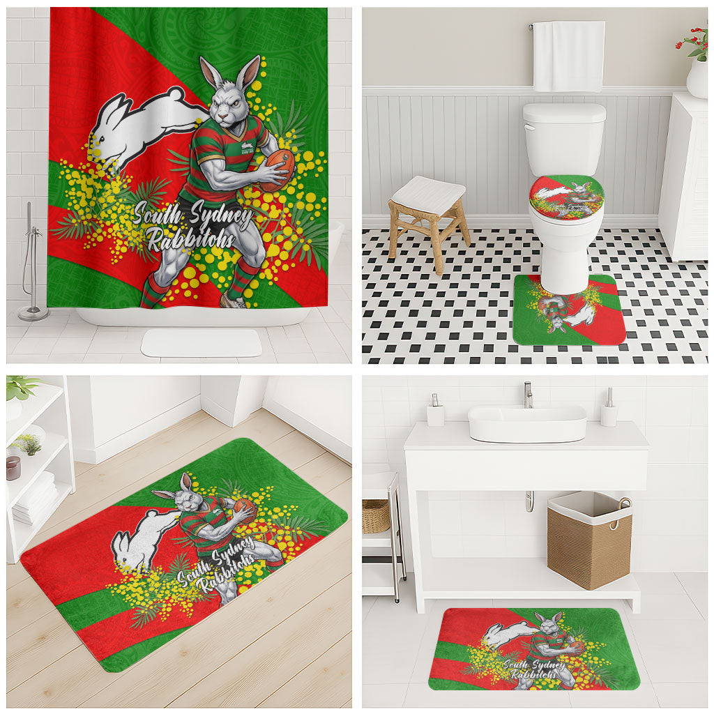 South Sydney Rabbitohs Bathroom Set Golden Wattle Floral Polynesian - Australian Flower - Rugby Mascot