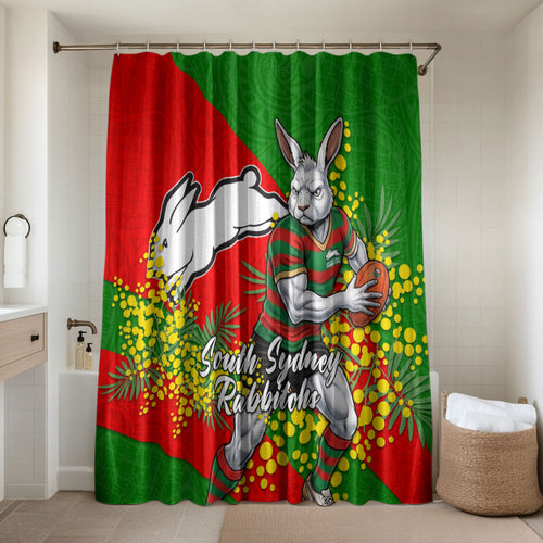 South Sydney Rabbitohs Bathroom Set Golden Wattle Floral Polynesian - Australian Flower - Rugby Mascot