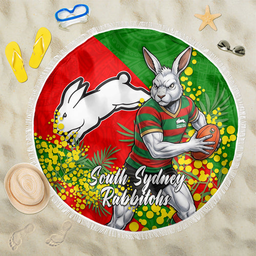 South Sydney Rabbitohs Beach Blanket Golden Wattle Floral Polynesian - Australian Flower - Rugby Mascot