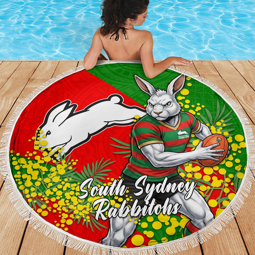 South Sydney Rabbitohs Beach Blanket Golden Wattle Floral Polynesian - Australian Flower - Rugby Mascot