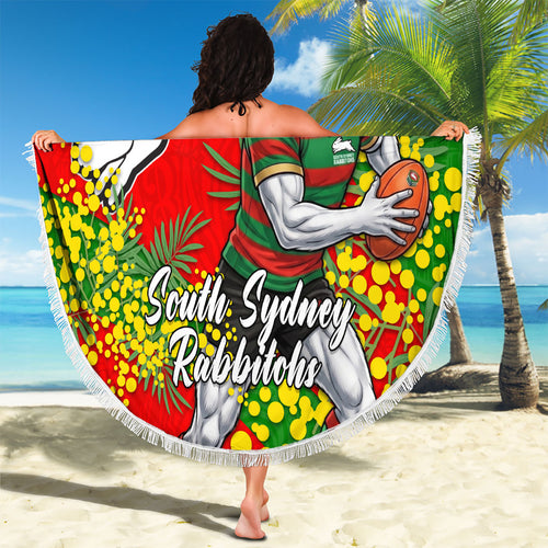 South Sydney Rabbitohs Beach Blanket Golden Wattle Floral Polynesian - Australian Flower - Rugby Mascot