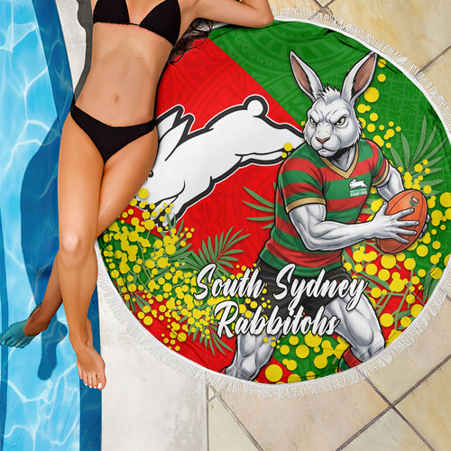 South Sydney Rabbitohs Beach Blanket Golden Wattle Floral Polynesian - Australian Flower - Rugby Mascot