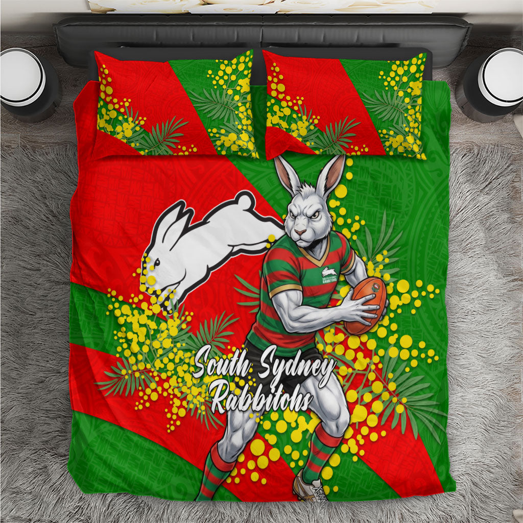 South Sydney Rabbitohs Bedding Set Golden Wattle Floral Polynesian - Australian Flower - Rugby Mascot