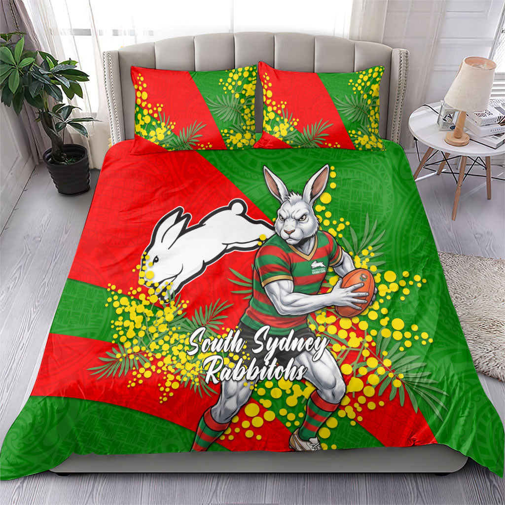 South Sydney Rabbitohs Bedding Set Golden Wattle Floral Polynesian - Australian Flower - Rugby Mascot