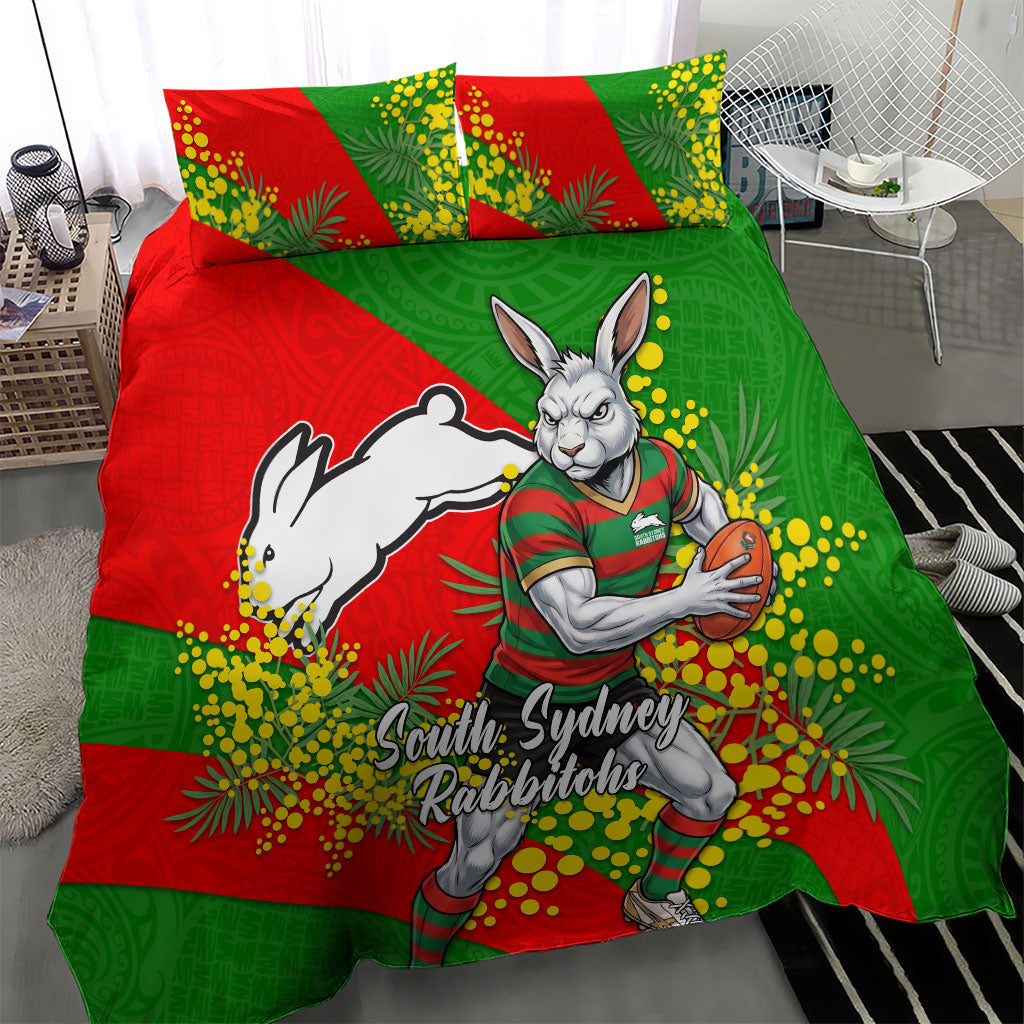 South Sydney Rabbitohs Bedding Set Golden Wattle Floral Polynesian - Australian Flower - Rugby Mascot