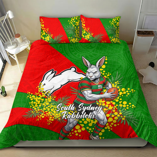 South Sydney Rabbitohs Bedding Set Golden Wattle Floral Polynesian - Australian Flower - Rugby Mascot