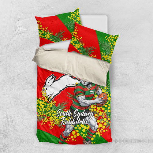 South Sydney Rabbitohs Bedding Set Golden Wattle Floral Polynesian - Australian Flower - Rugby Mascot