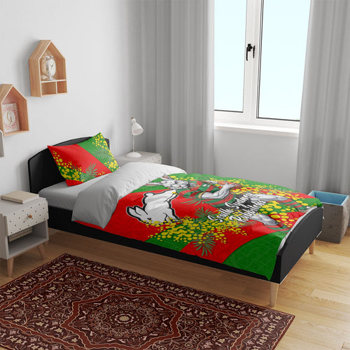 South Sydney Rabbitohs Bedding Set Golden Wattle Floral Polynesian - Australian Flower - Rugby Mascot