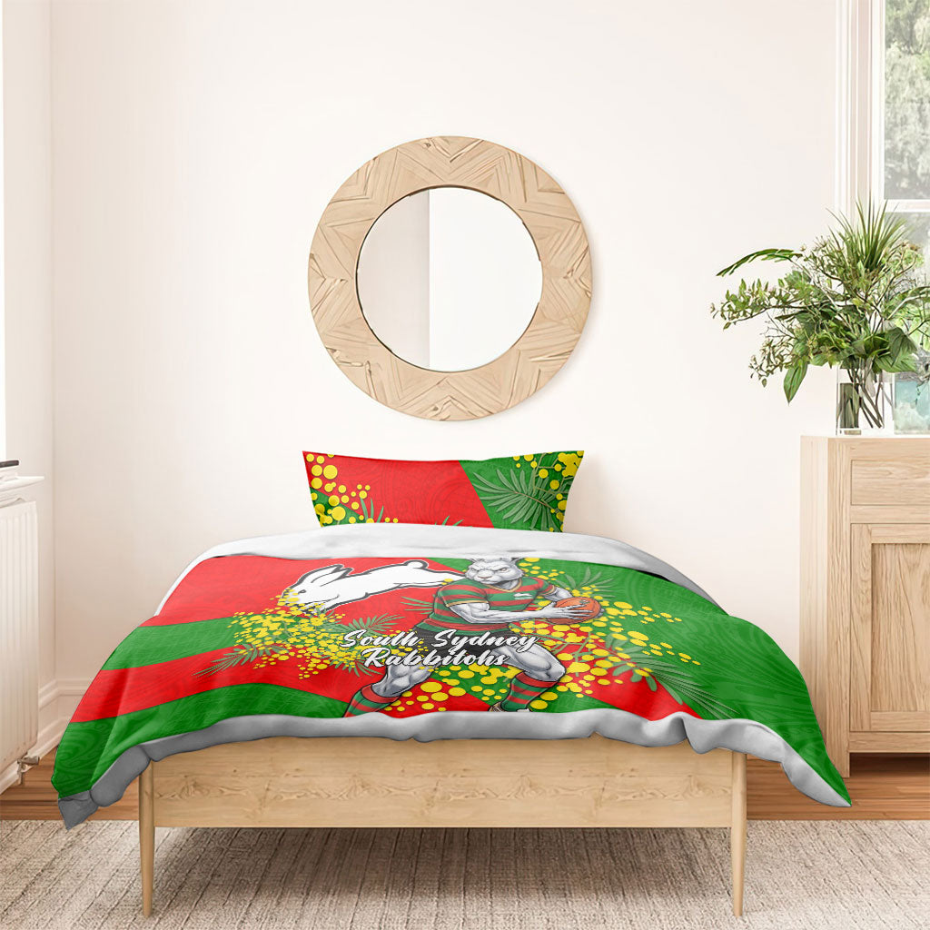 South Sydney Rabbitohs Bedding Set Golden Wattle Floral Polynesian - Australian Flower - Rugby Mascot