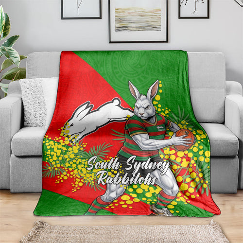 South Sydney Rabbitohs Blanket Golden Wattle Floral Polynesian - Australian Flower - Rugby Mascot