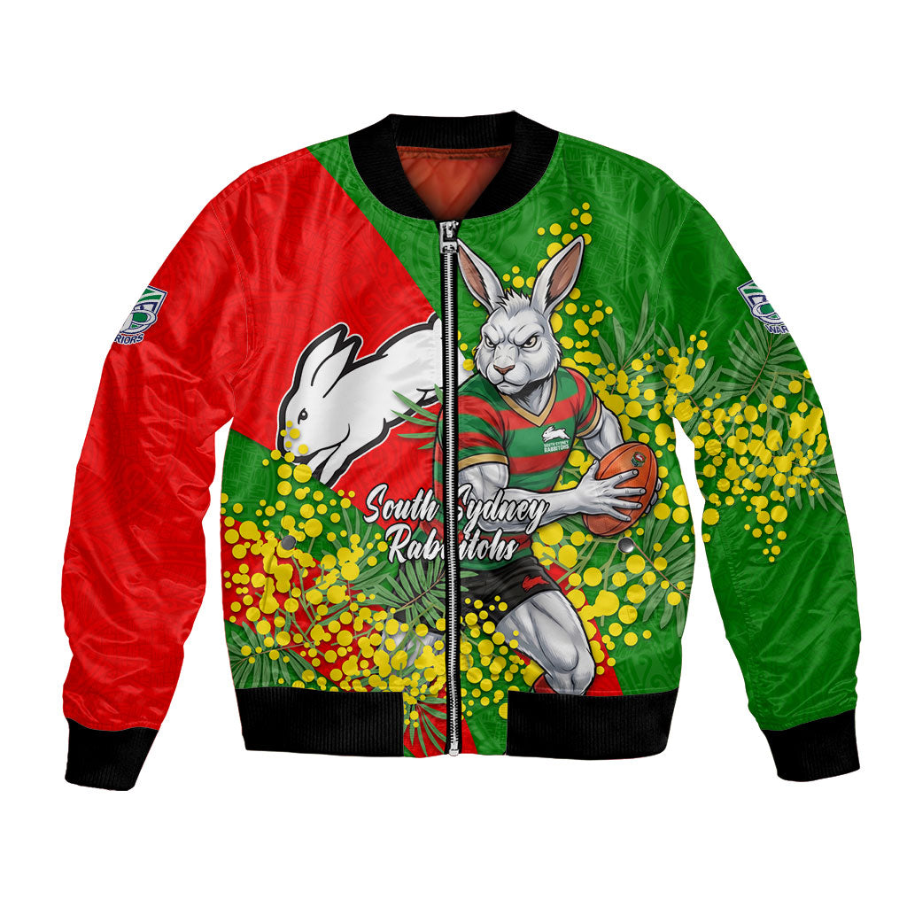 South Sydney Rabbitohs Bomber Jacket Golden Wattle Floral Polynesian - Australian Flower - Rugby Mascot