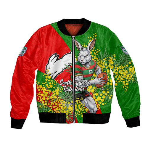 South Sydney Rabbitohs Bomber Jacket Golden Wattle Floral Polynesian - Australian Flower - Rugby Mascot