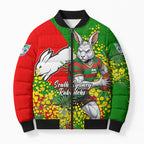 South Sydney Rabbitohs Bomber Puffer Jacket Golden Wattle Floral Polynesian - Australian Flower - Rugby Mascot