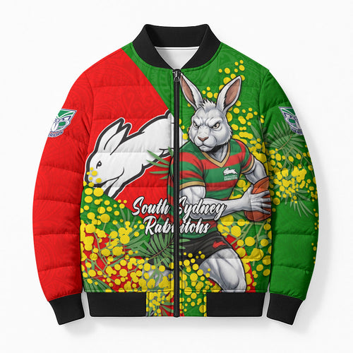 South Sydney Rabbitohs Bomber Puffer Jacket Golden Wattle Floral Polynesian - Australian Flower - Rugby Mascot