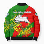 South Sydney Rabbitohs Bomber Puffer Jacket Golden Wattle Floral Polynesian - Australian Flower - Rugby Mascot