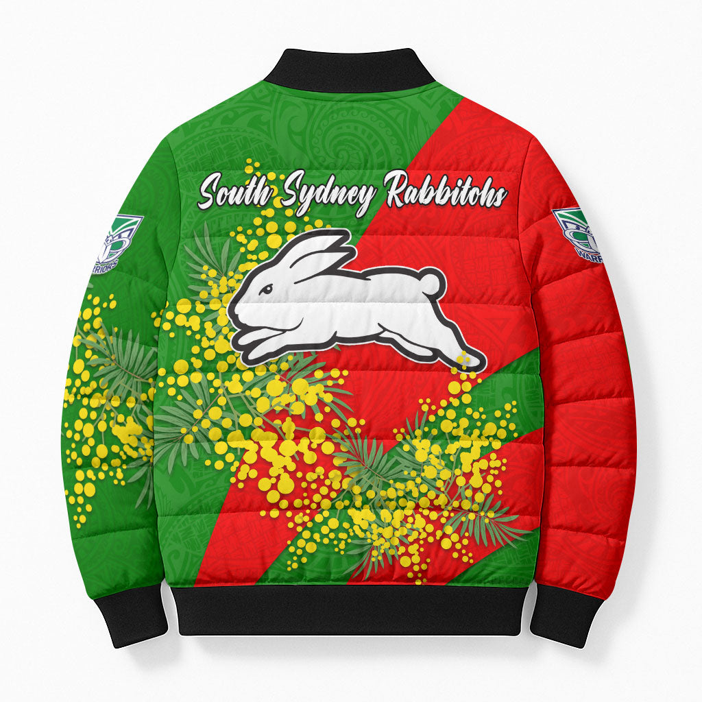 South Sydney Rabbitohs Bomber Puffer Jacket Golden Wattle Floral Polynesian - Australian Flower - Rugby Mascot