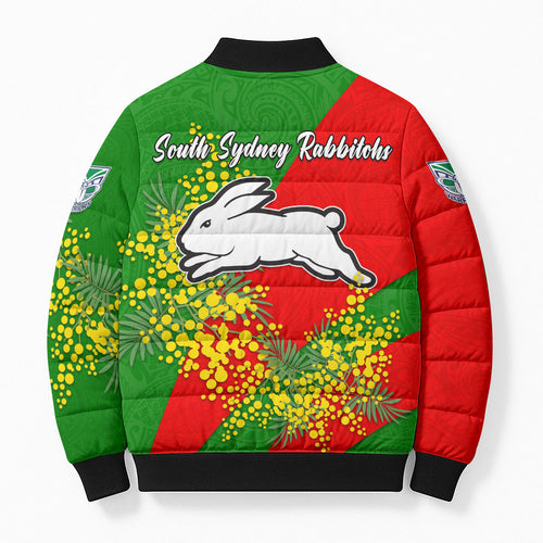 South Sydney Rabbitohs Bomber Puffer Jacket Golden Wattle Floral Polynesian - Australian Flower - Rugby Mascot