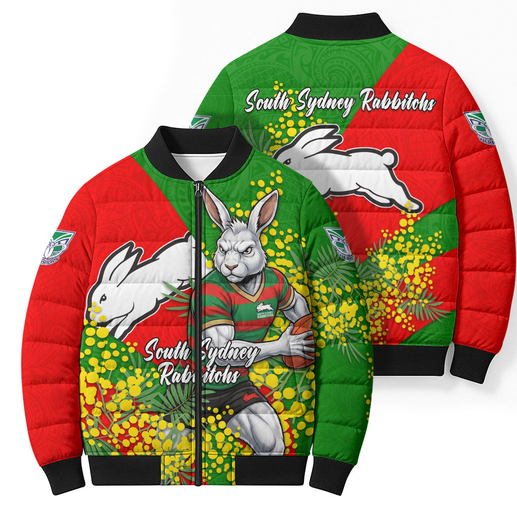 South Sydney Rabbitohs Bomber Puffer Jacket Golden Wattle Floral Polynesian - Australian Flower - Rugby Mascot