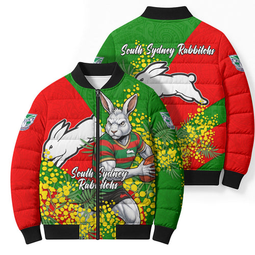 South Sydney Rabbitohs Bomber Puffer Jacket Golden Wattle Floral Polynesian - Australian Flower - Rugby Mascot