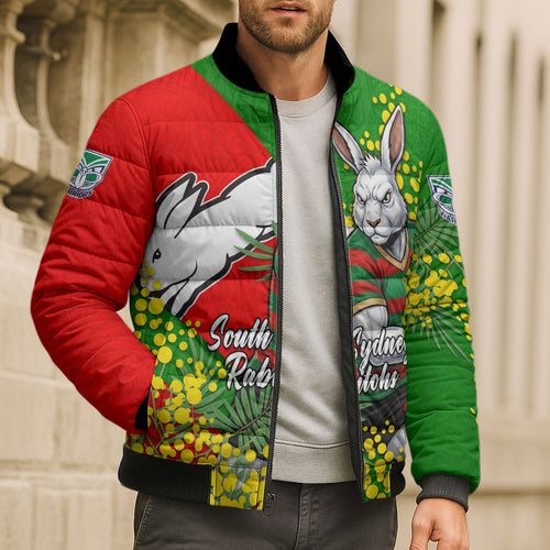 South Sydney Rabbitohs Bomber Puffer Jacket Golden Wattle Floral Polynesian - Australian Flower - Rugby Mascot