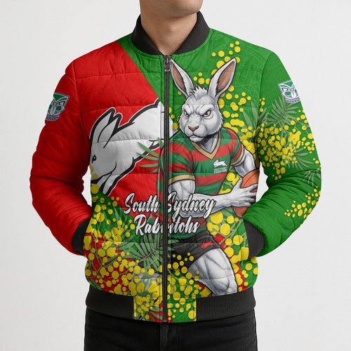 South Sydney Rabbitohs Bomber Puffer Jacket Golden Wattle Floral Polynesian - Australian Flower - Rugby Mascot